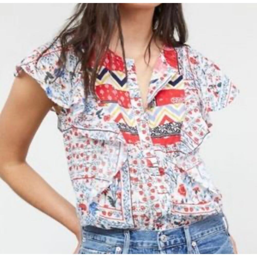 Anthropologie Let Me Be Floral Patchwork Blouse Boho Ruffle boho Cottagecore S